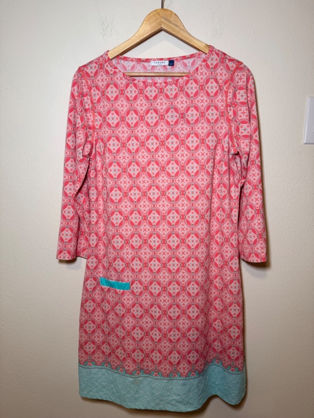 Cabana Life Shift Dress LG Pink Aqua Geometric Print UPF 50+ Pocket 3/4 Sleeve - Picture 2 of 6